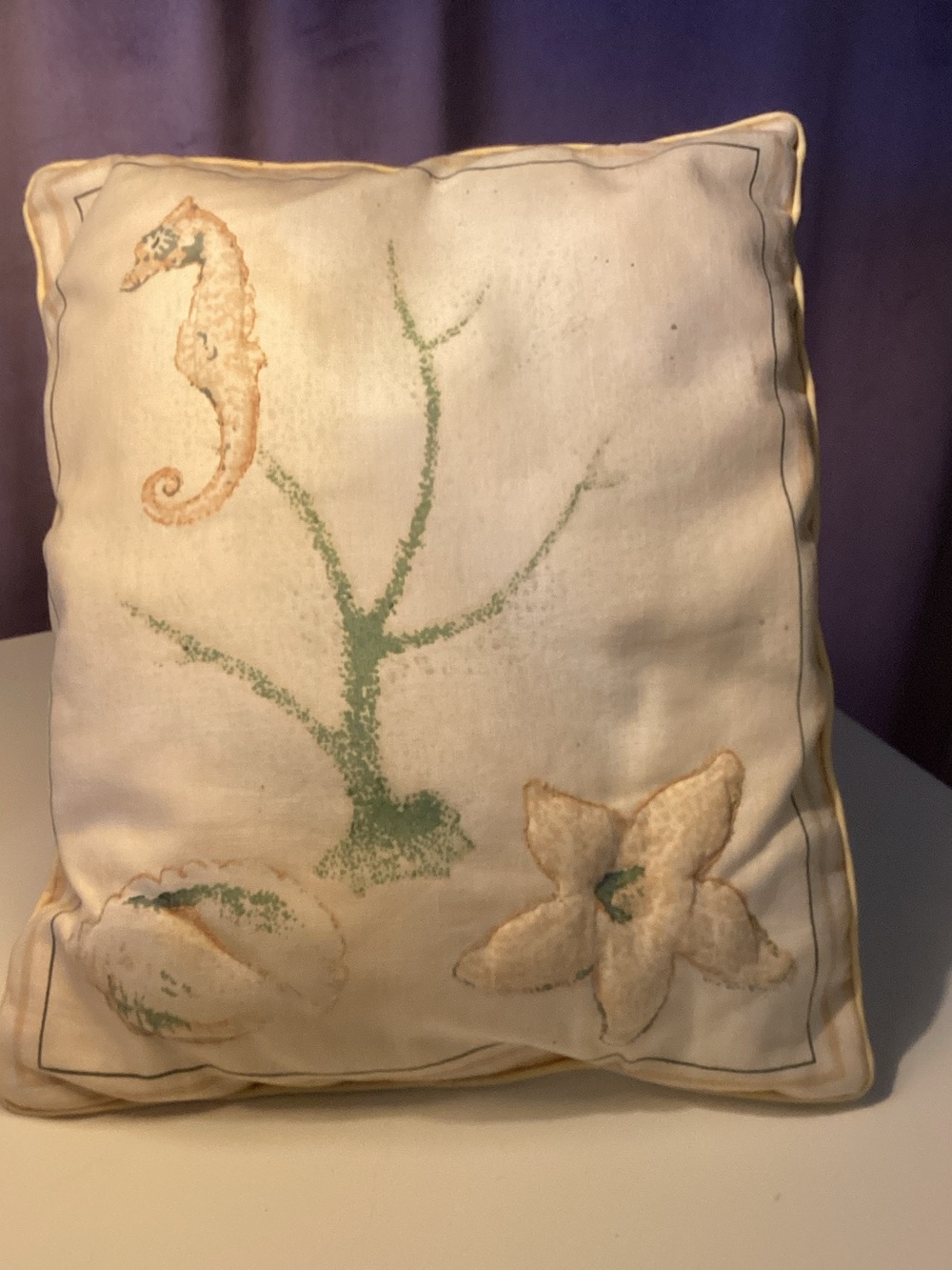 Vintage, 1940. Coastal Embroidered Seahorse Accent Pillow in Cream and Green